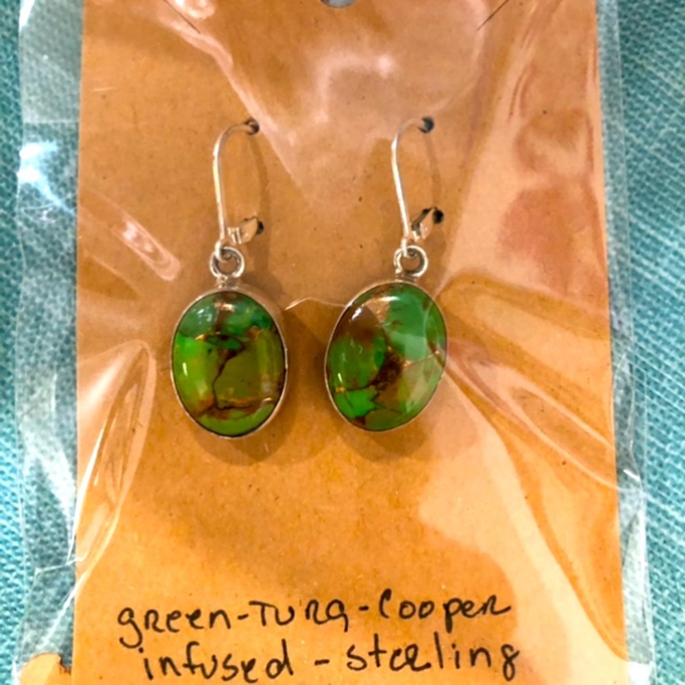 Turquoise, Copper and silver. Lever back hooks. The length of a nickel